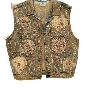 Vintage Palmetto's Denim Vest Lace Floral Embellishments - Medium Handpainted